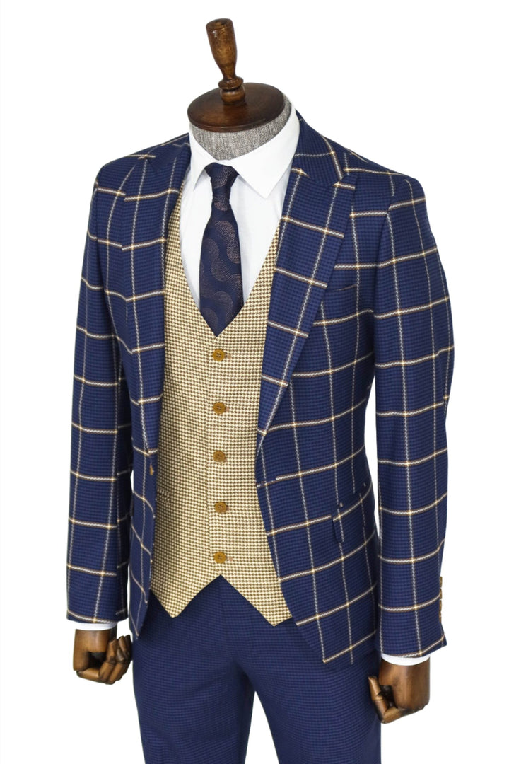 Checked Patterned Slim Fit Navy Blue Men Suit - Wessi