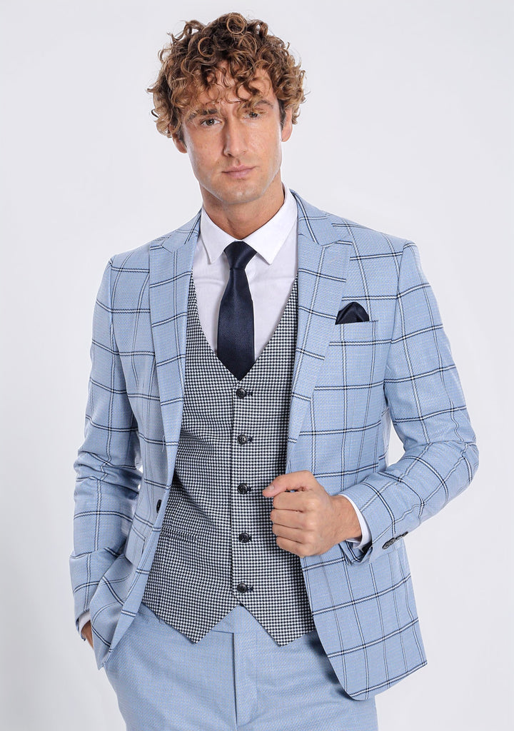 Checked Patterned Slim Fit Light Blue Men Suit - Wessi