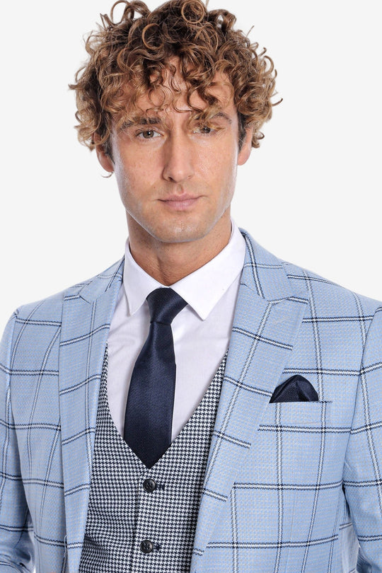 Traje de hombre azul claro estampado de cuadros slim fit - Wessi