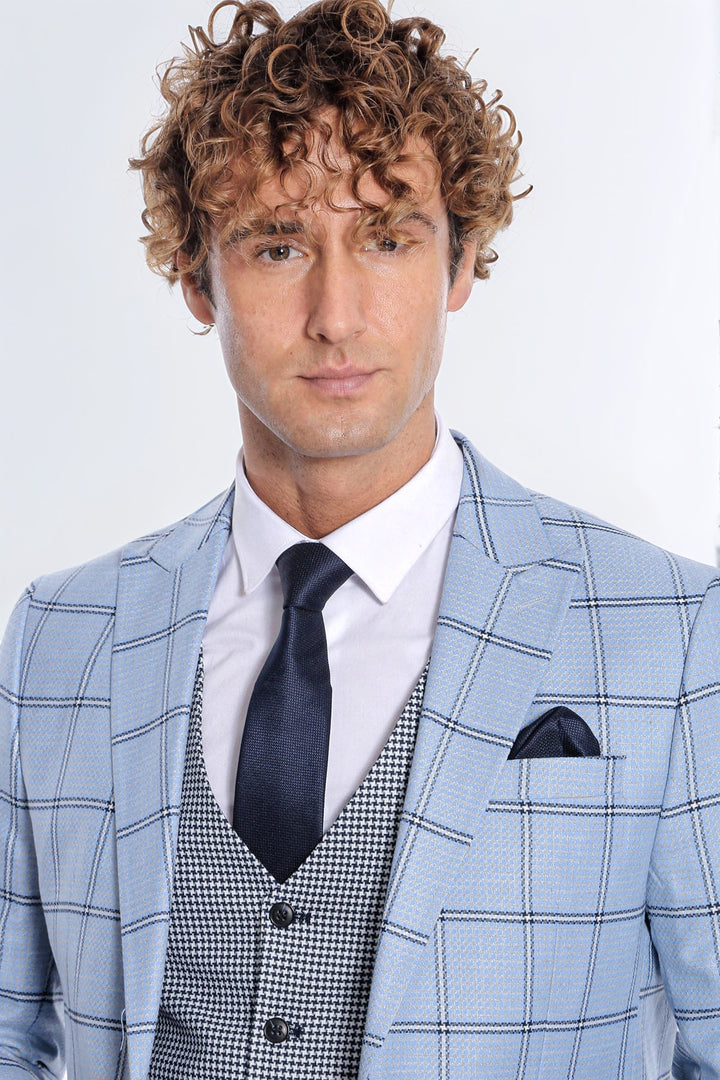 Checked Patterned Slim Fit Light Blue Men Suit - Wessi