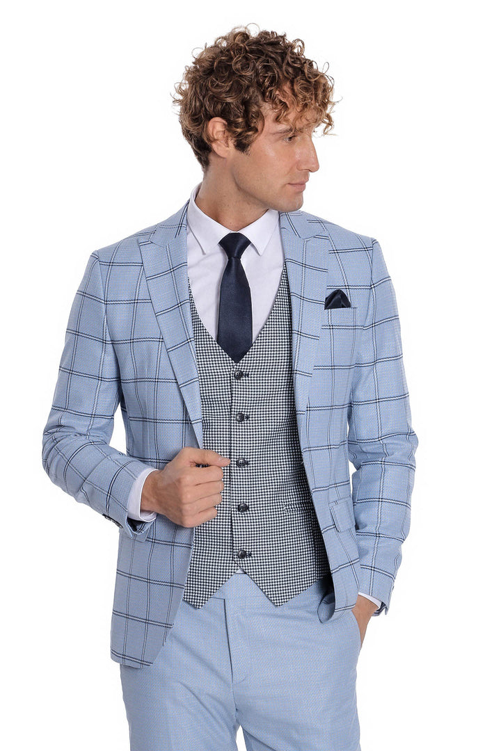 Checked Patterned Slim Fit Light Blue Men Suit - Wessi