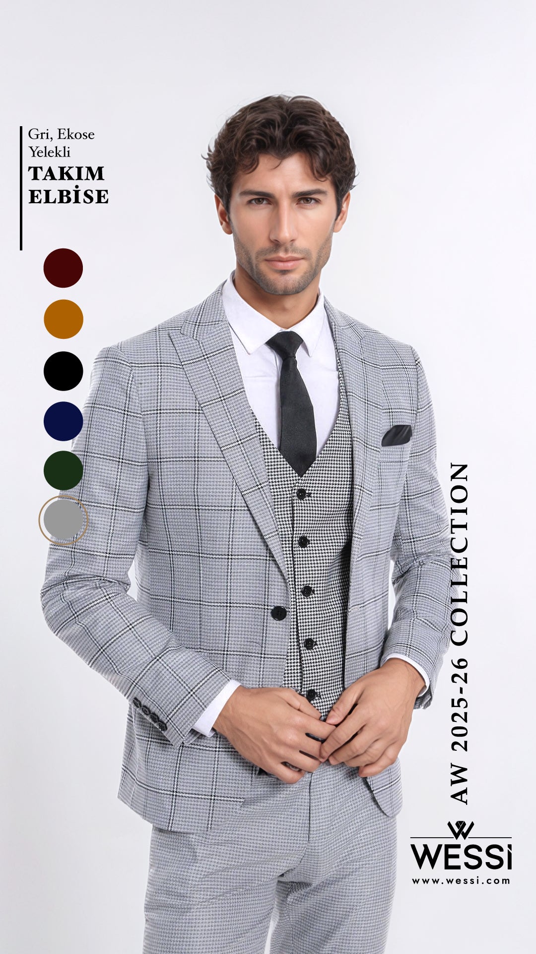 Checked Patterned Slim Fit Grey Men Suit - Wessi
