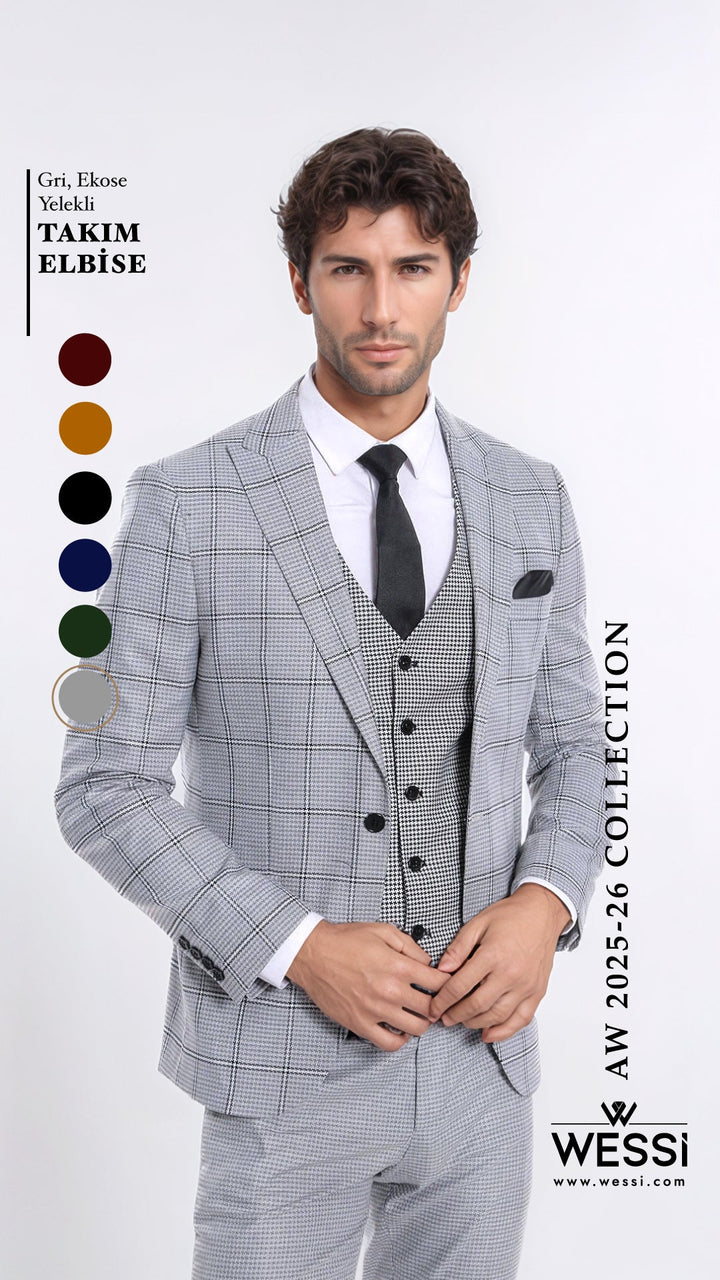 Checked Patterned Slim Fit Grey Men Suit - Wessi