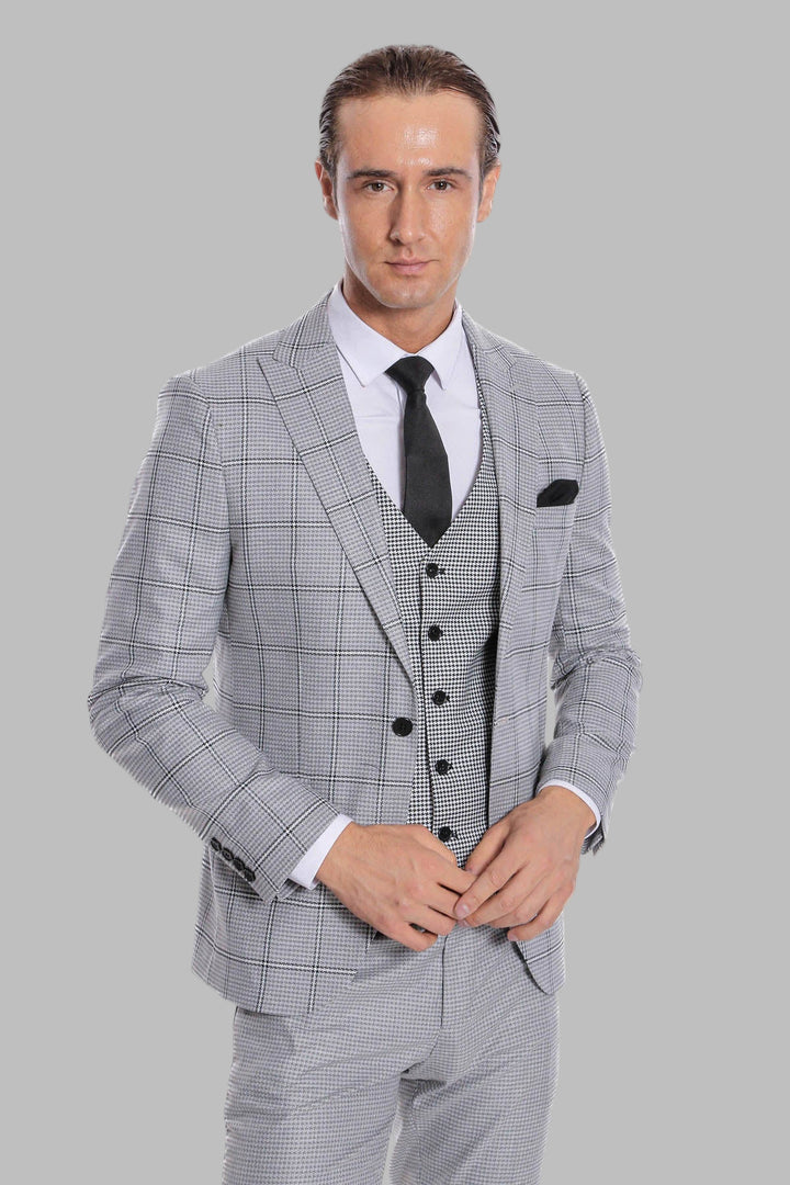 Checked Patterned Slim Fit Grey Men Suit - Wessi
