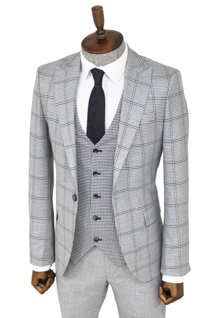 Checked Patterned Slim Fit Grey Men Suit and Shirt Combination - Wessi