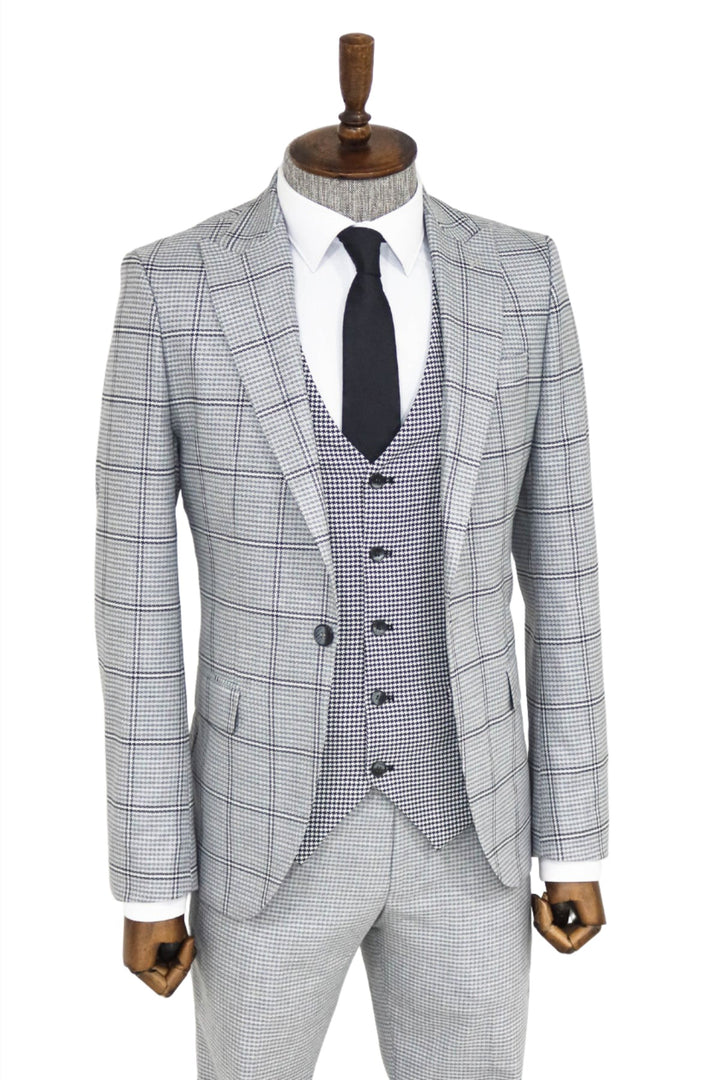 Checked Patterned Slim Fit Grey Men Suit and Shirt Combination - Wessi