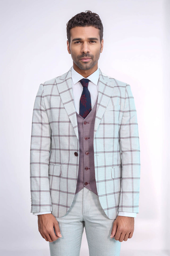 Checked Patterned Vested Light Grey Men Suit - Wessi