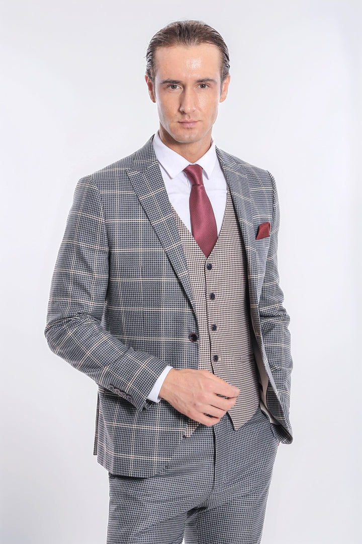 Checked Patterned Beige Vested Slim Fit Grey Men Suit - Wessi