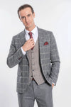Checked Patterned Beige Vested Slim Fit Grey Men Suit - Wessi
