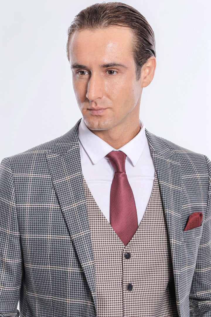Checked Patterned Beige Vested Slim Fit Grey Men Suit - Wessi