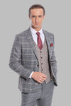 Checked Patterned Beige Vested Slim Fit Grey Men Suit - Wessi