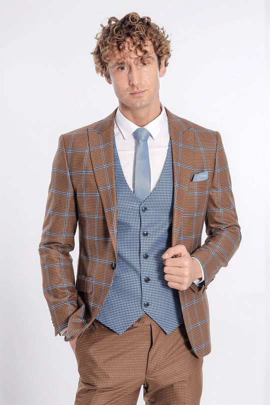 Traje de hombre a cuadros estampado slim fit marrón - Wessi