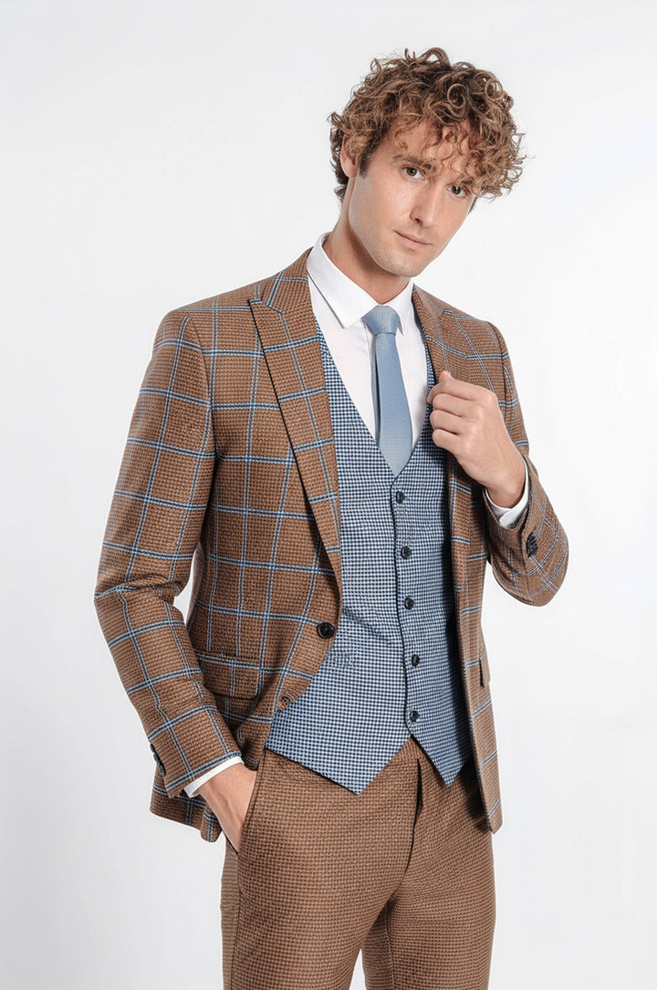 Checked Patterned Slim Fit Brown Men Suit - Wessi
