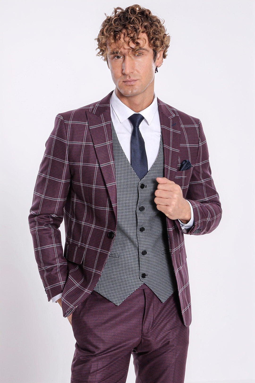 Traje hombre cuadros estampado slim fit burdeos - Wessi