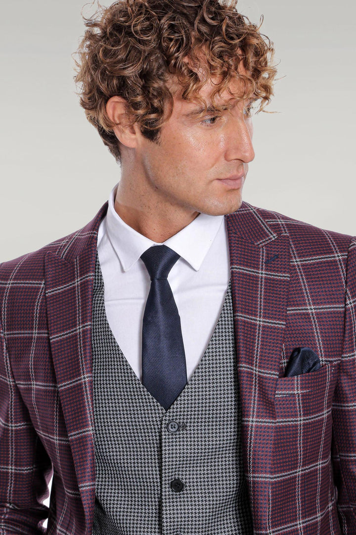 Costume Homme Bordeaux Coupe Slim à Motifs à Carreaux - Wessi