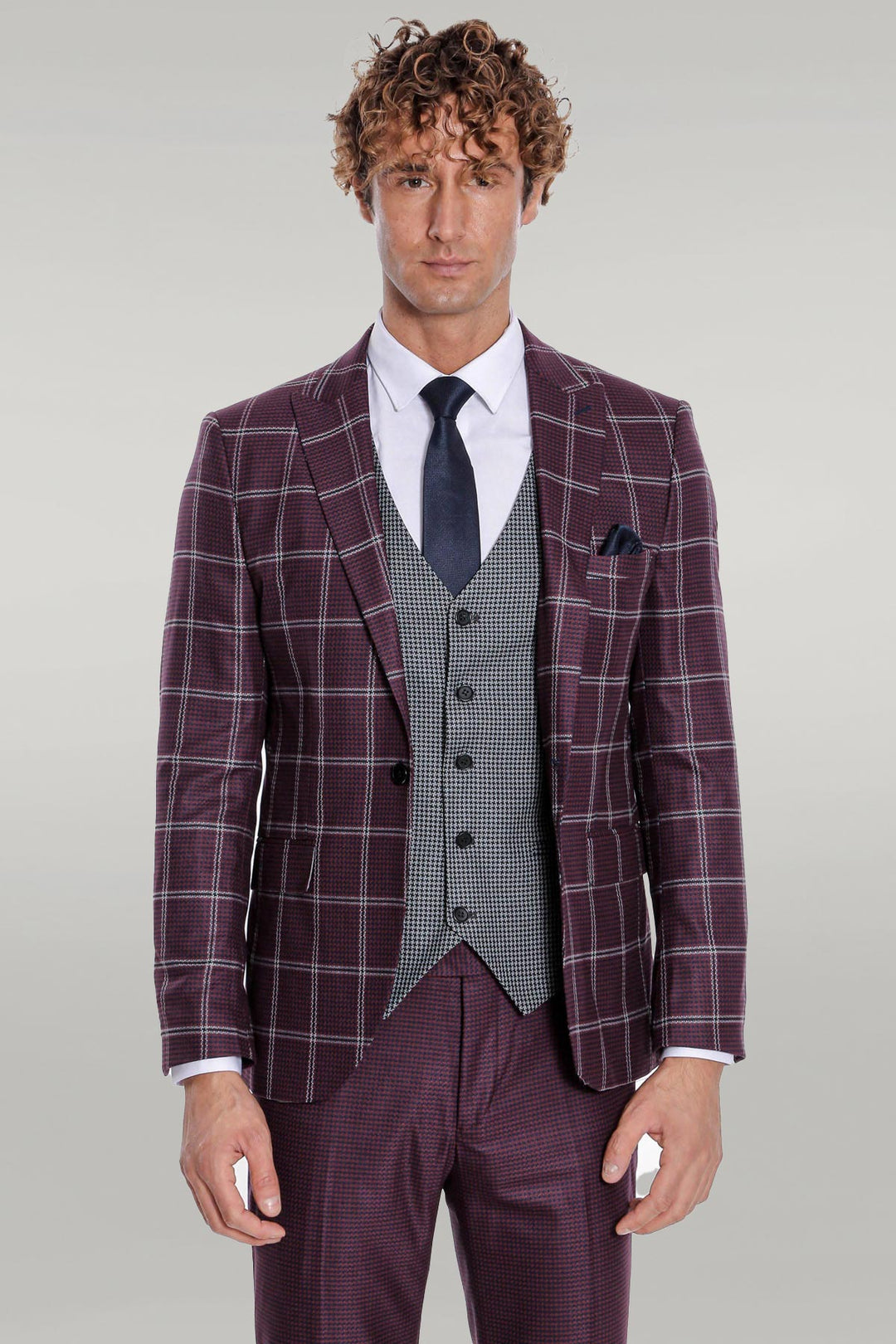 Costume Homme Bordeaux Coupe Slim à Motifs à Carreaux - Wessi