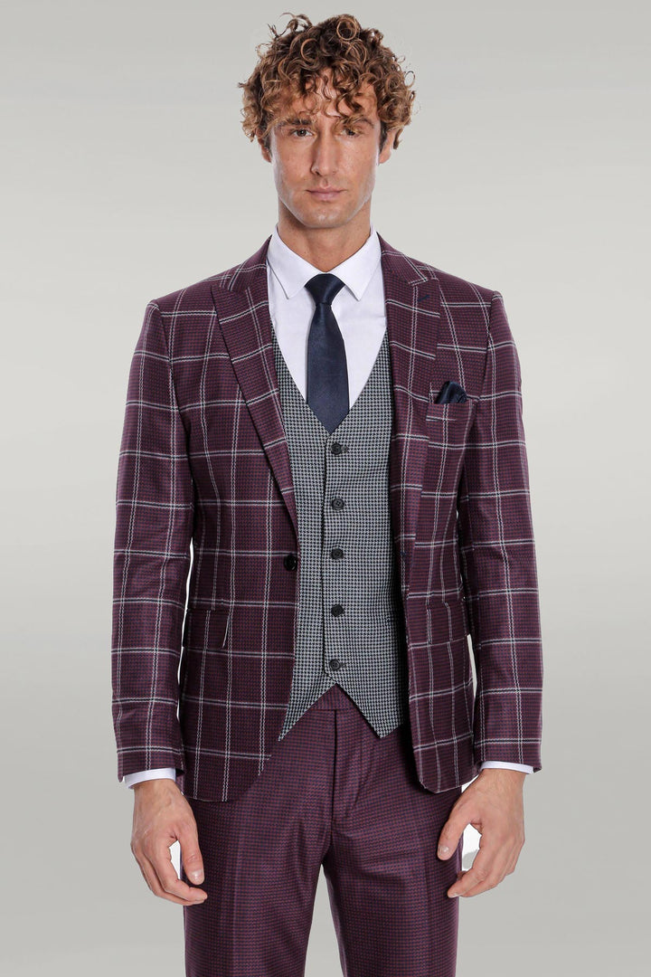 Costume Homme Bordeaux Coupe Slim à Motifs à Carreaux - Wessi