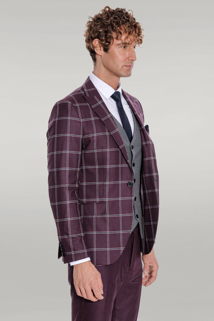 Costume Homme Bordeaux Coupe Slim à Motifs à Carreaux - Wessi