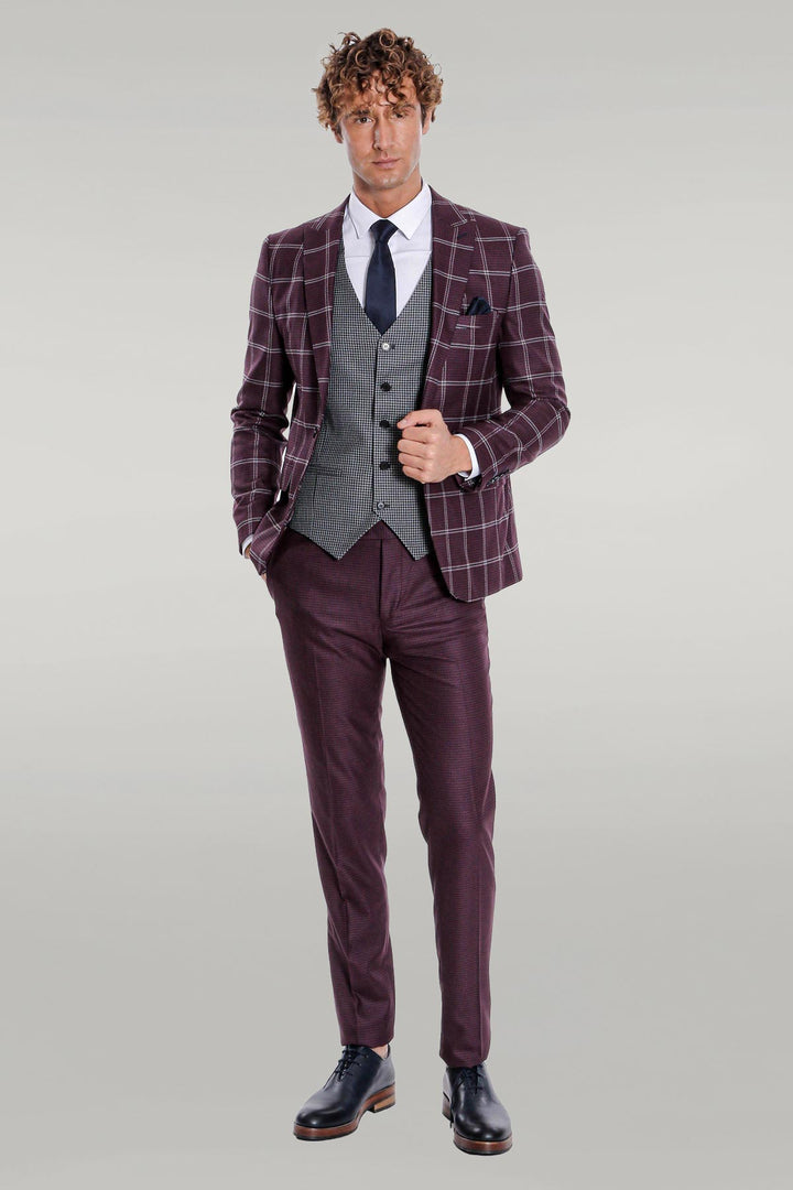 Costume Homme Bordeaux Coupe Slim à Motifs à Carreaux - Wessi