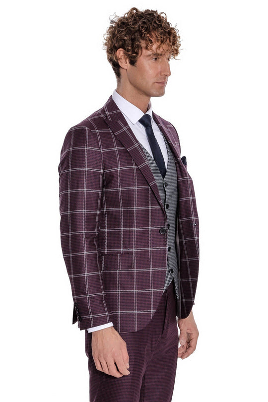 Traje hombre cuadros estampado slim fit burdeos - Wessi