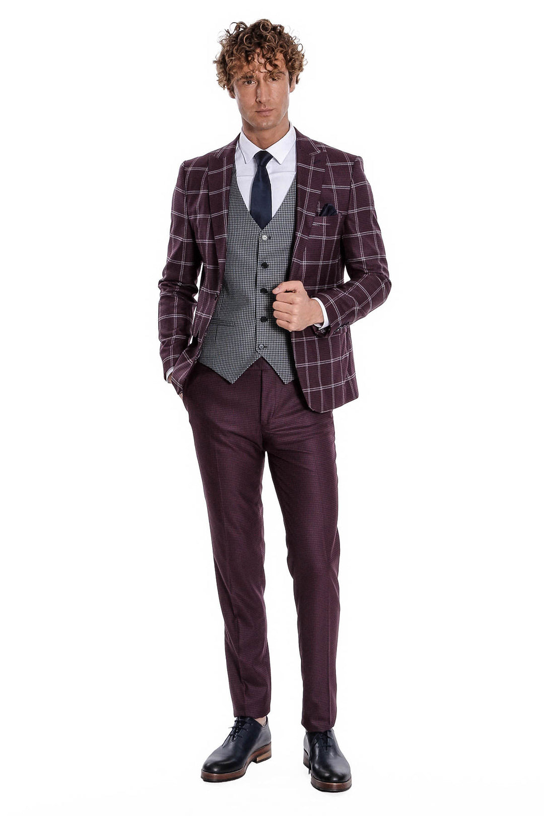 Checked Patterned Slim Fit Burgundy Men Suit - Wessi
