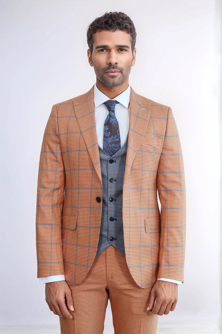 Checked Patterned Slim Fit Orange Men Suit - Wessi
