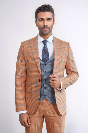 Traje de hombre naranja slim fit estampado de cuadros - Wessi