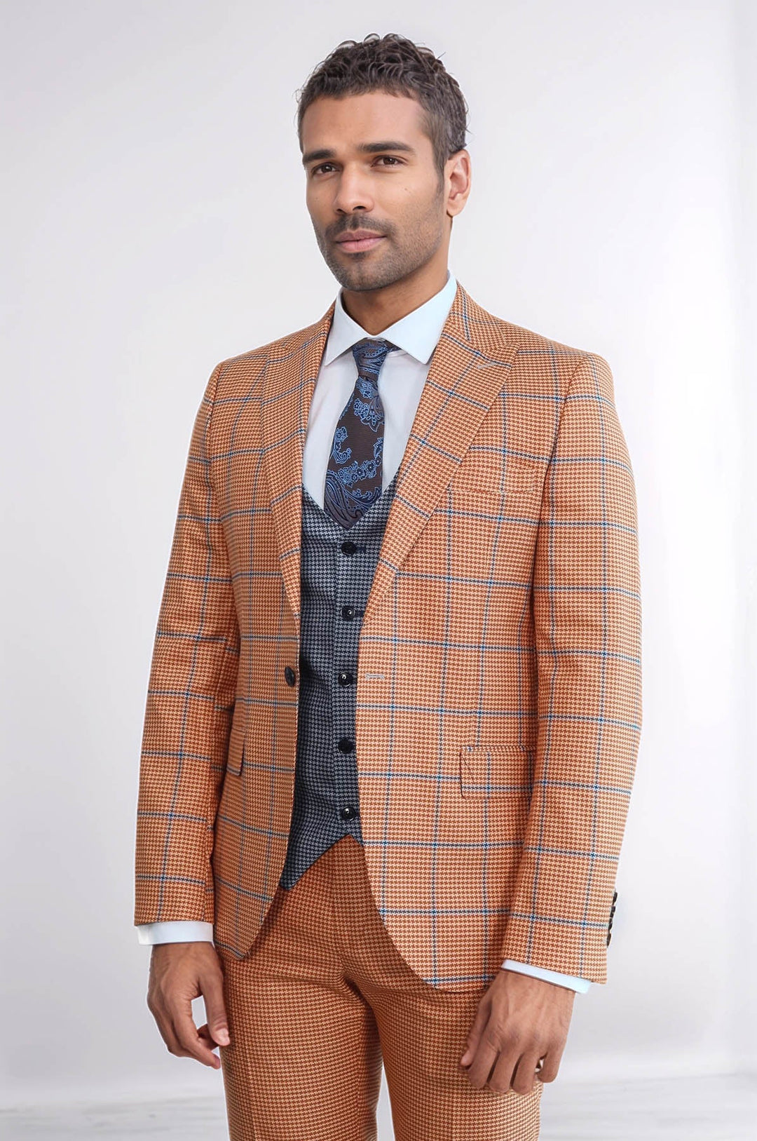 Traje de hombre naranja slim fit estampado de cuadros Wessi