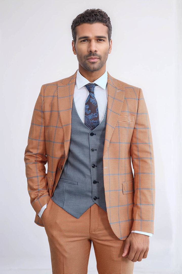 Checked Patterned Slim Fit Orange Men Suit - Wessi