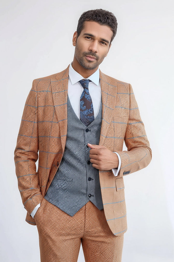 Checked Patterned Slim Fit Orange Men Suit - Wessi