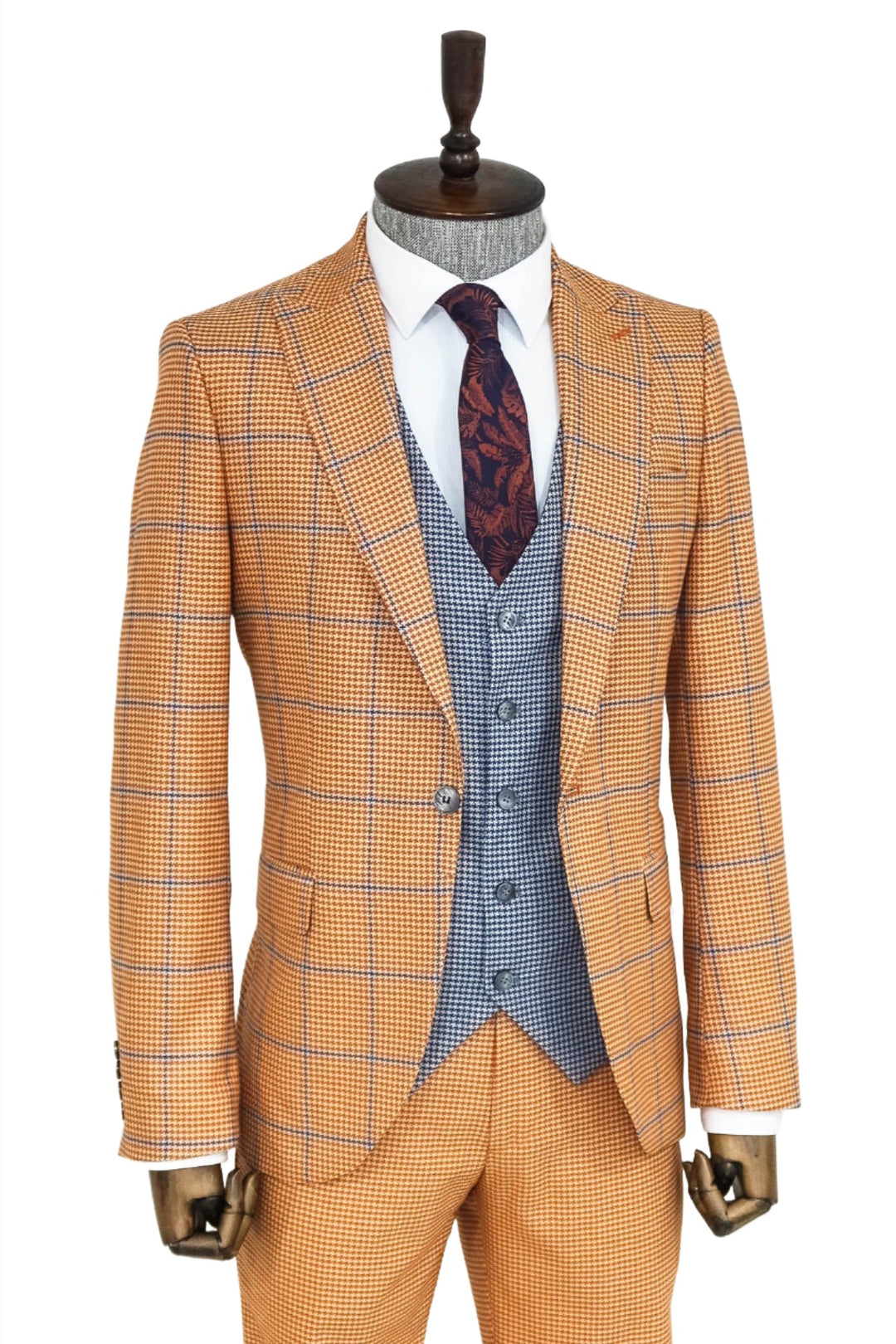 Checked Patterned Slim Fit Orange Men Suit - Wessi