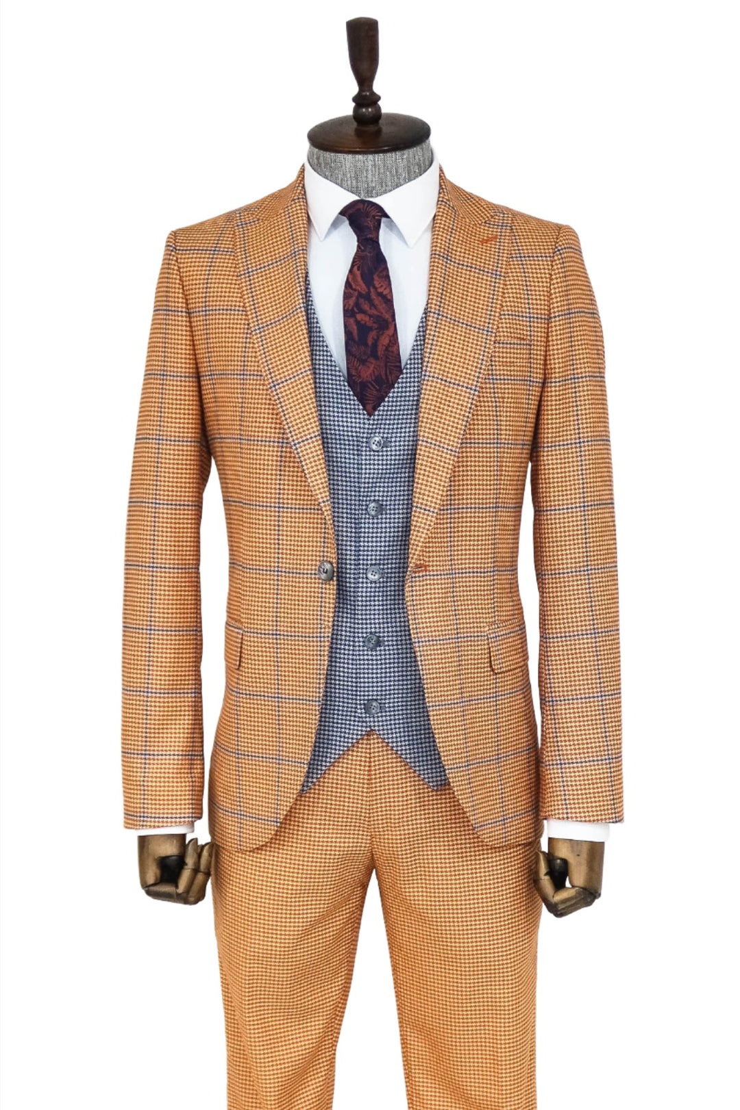 Checked Patterned Slim Fit Orange Men Suit - Wessi