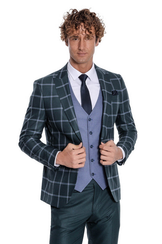 Traje de hombre verde slim fit estampado de cuadros - Wessi