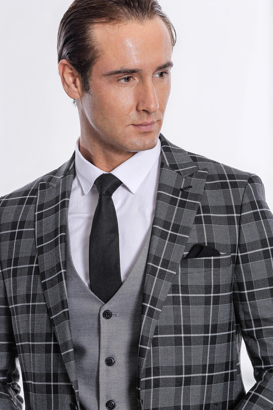 Slim Fit Checked Black Men Suit - Wessi