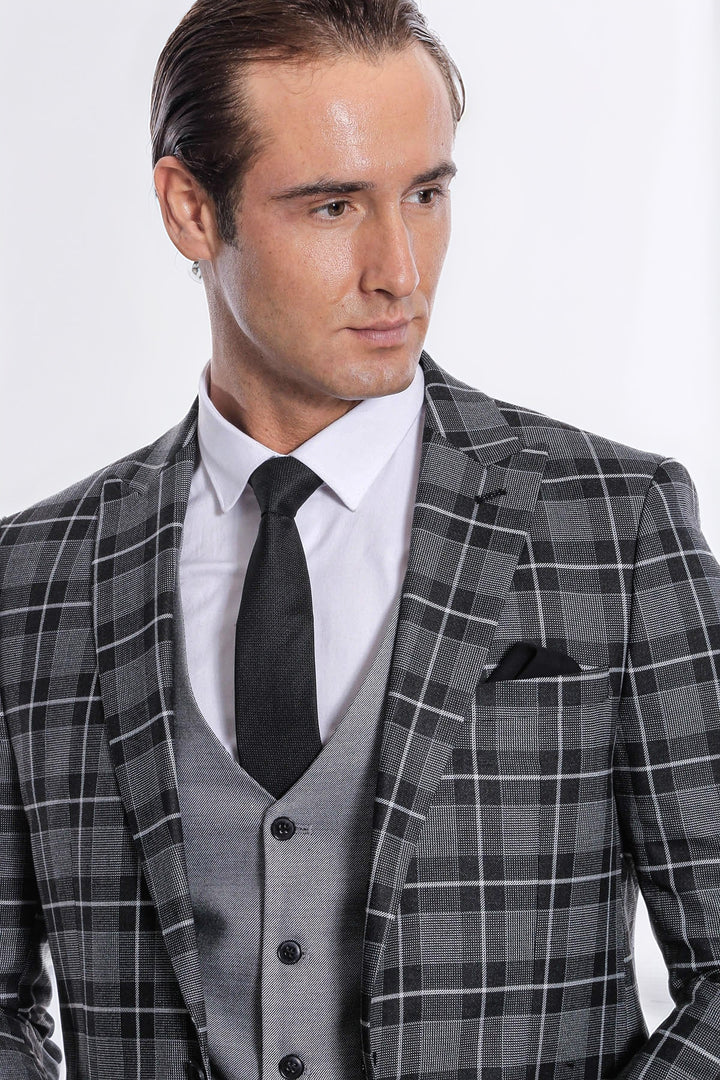 Slim Fit Checked Black Men Suit - Wessi