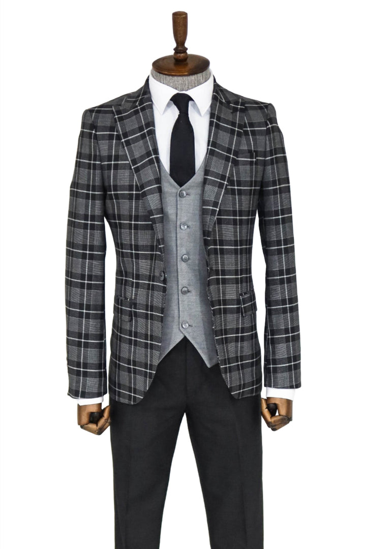 Slim Fit Checked Black Men Suit and Shirt Combination - Wessi