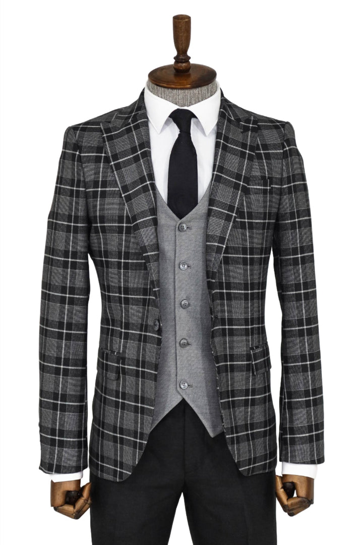 Slim Fit Checked Black Men Suit and Shirt Combination - Wessi