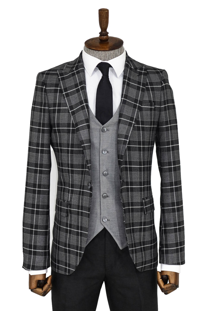 Slim Fit Checked Black Men Suit and Shirt Combination - Wessi