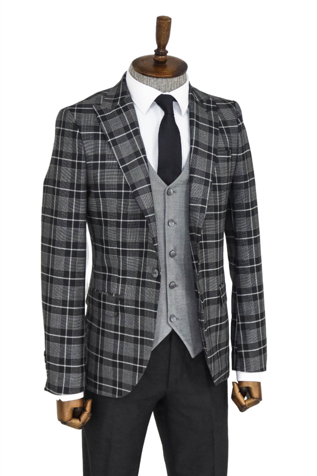Slim Fit Checked Black Men Suit and Shirt Combination - Wessi