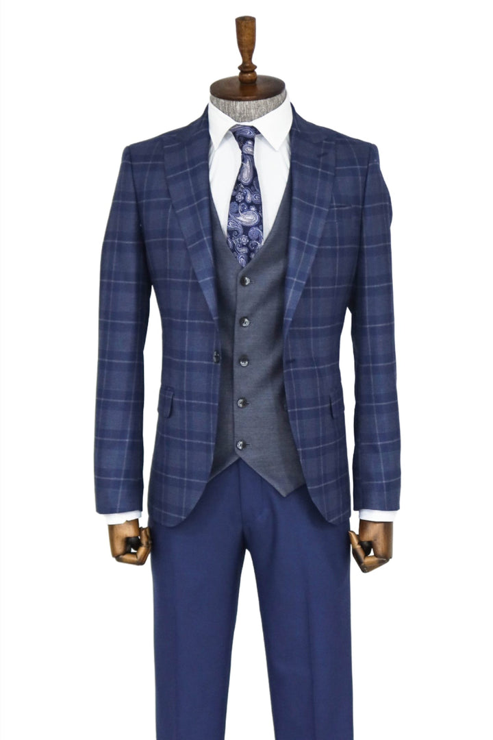 Slim Fit Checked Navy Blue Men Suit and Shirt Combination- Wessi