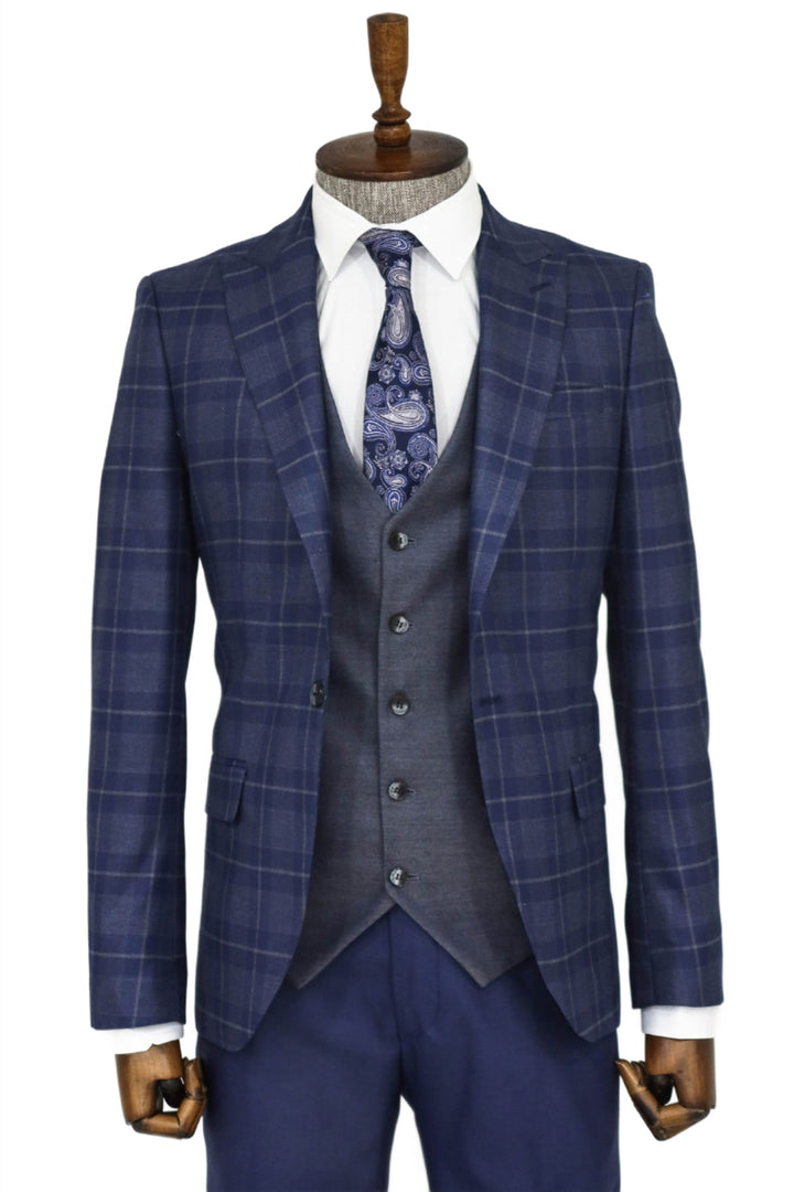 Slim Fit Checked Navy Blue Men Suit and Shirt Combination- Wessi