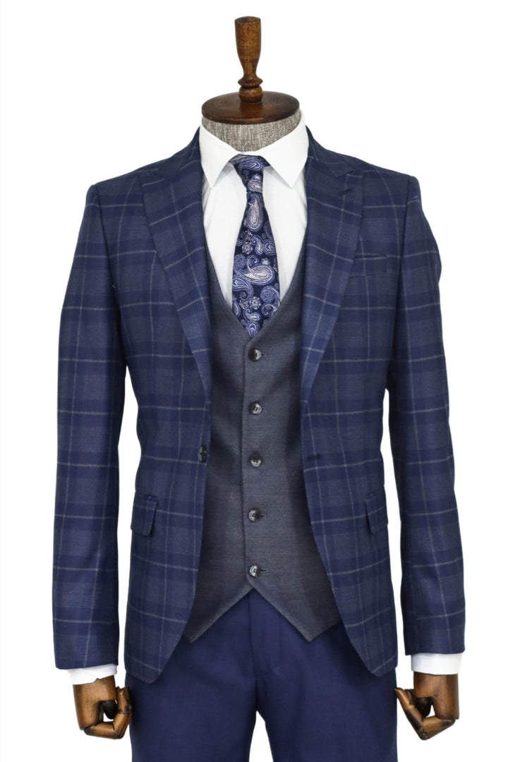 Slim Fit Checked Navy Blue Men Suit and Shirt Combination- Wessi