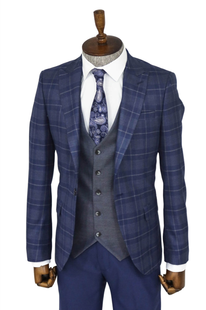 Slim Fit Checked Navy Blue Men Suit and Shirt Combination- Wessi