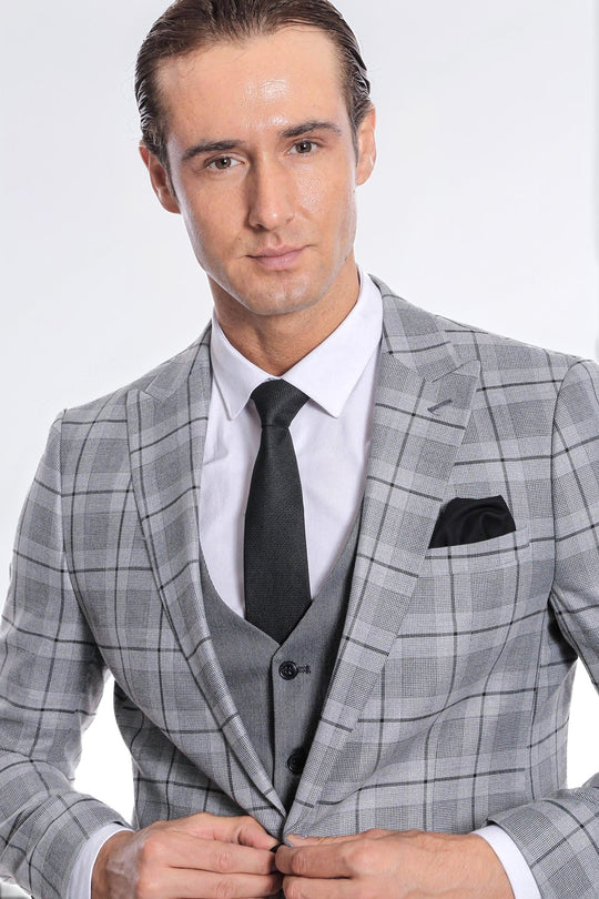 Traje de cuadros gris ajustado para hombre - Wessi