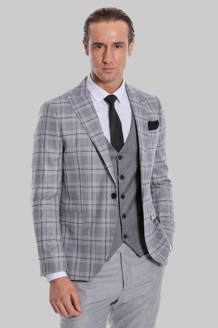 Slim Fit Checked Grey Men Suit - Wessi
