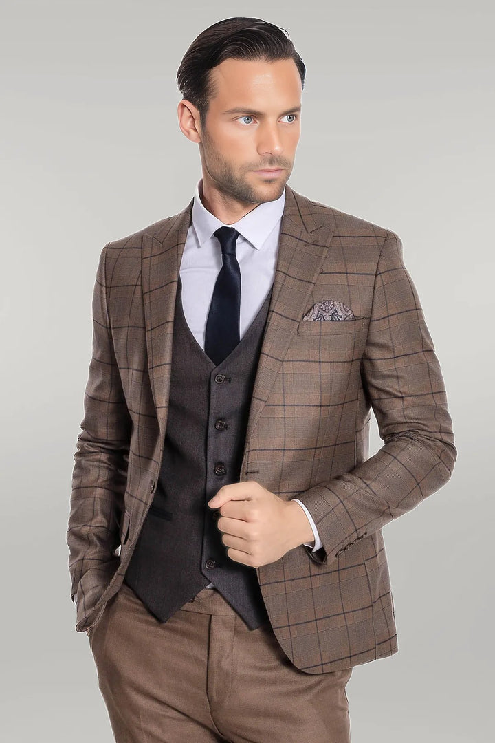 Slim Fit Checked Brown Men Suit - Wessi