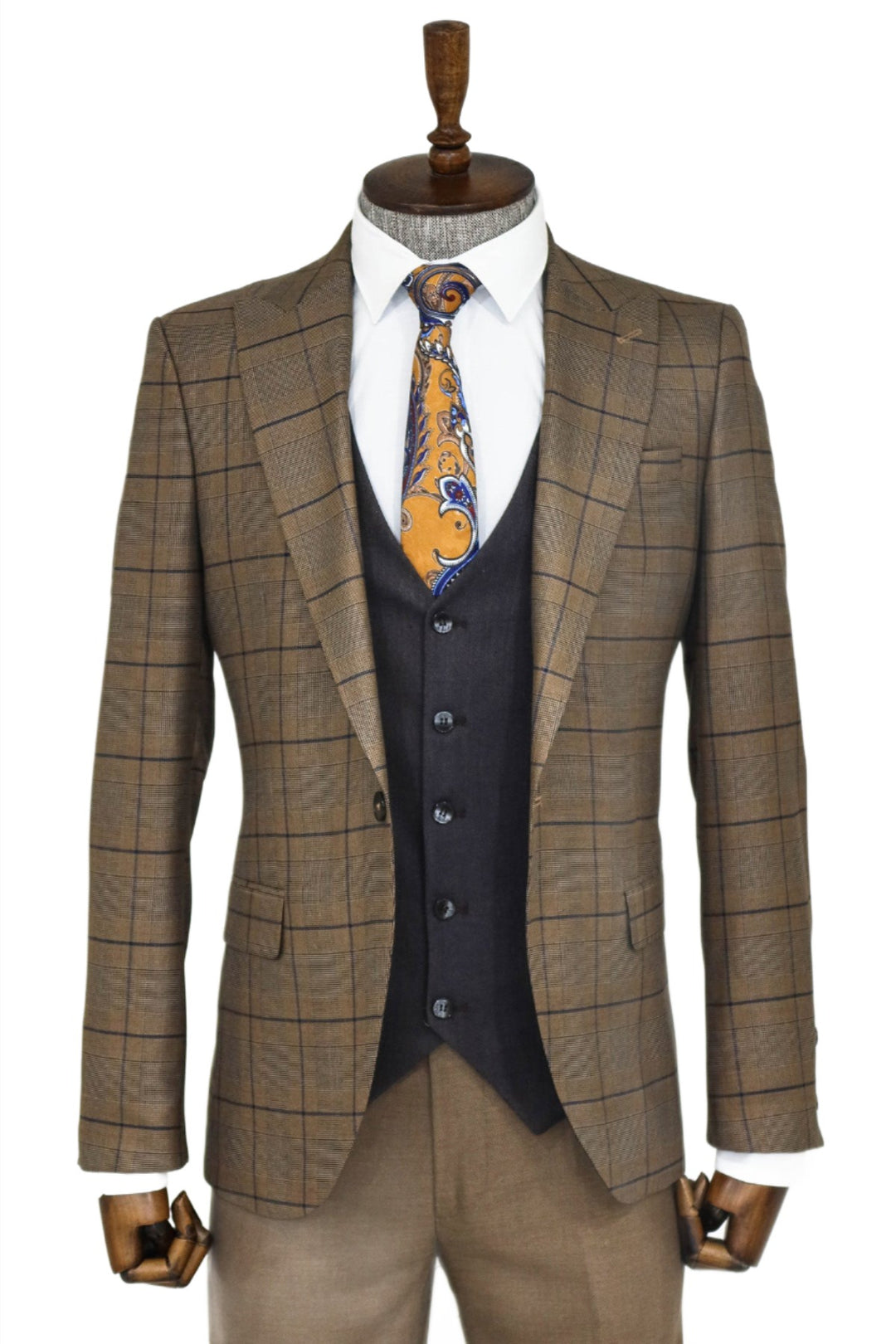 Slim Fit Checked Brown Men Suit and Shirt Combination- Wessi