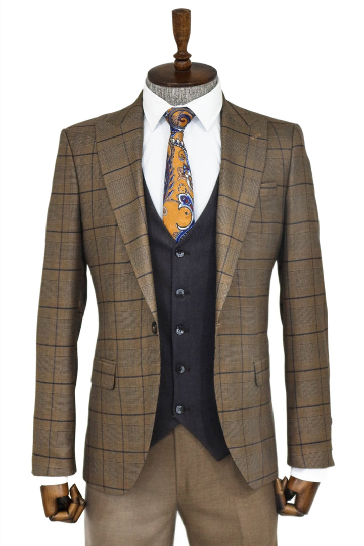 Slim Fit Checked Brown Men Suit and Shirt Combination- Wessi