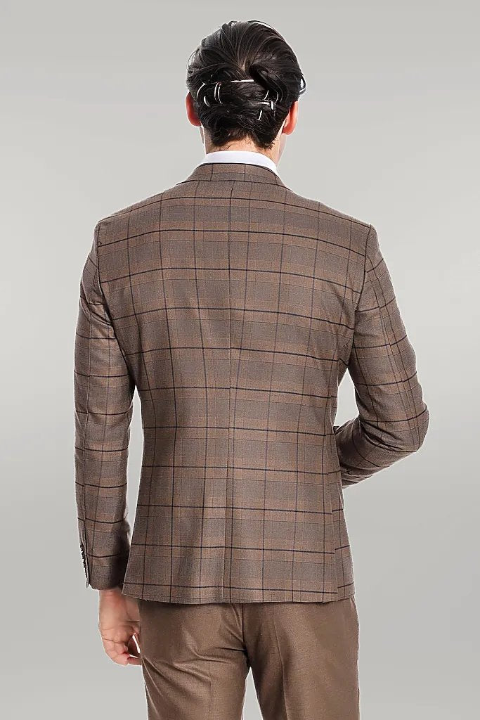 Slim Fit Checked Brown Men Suit - Wessi