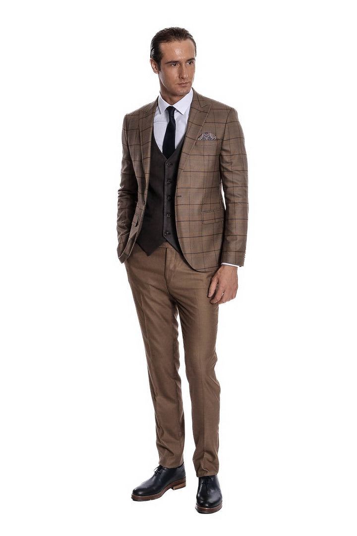 Slim Fit Checked Brown Men Suit - Wessi